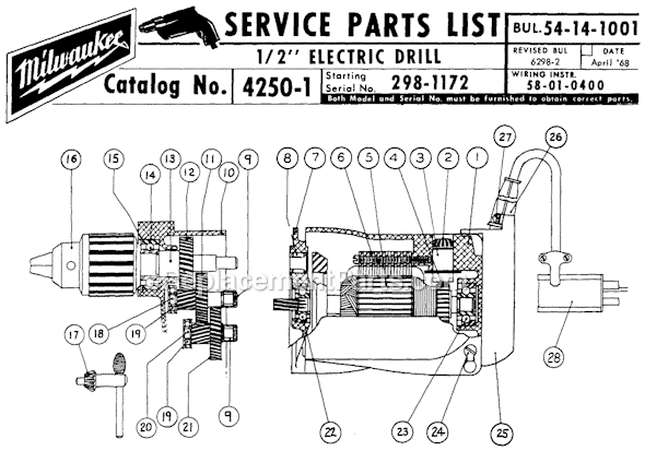 Milwaukee 4250-1 (SER 298-1172) 1/2" Electric Drill Page A Diagram