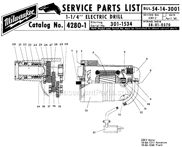 Milwaukee 4280-1 (SER 301-1534) 1-1/4" Electric Drill Page A Diagram