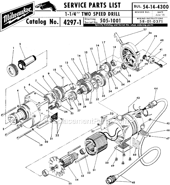 Milwaukee 4297-1 (SER 505-17284) No. 3 MT Motor for Electromagnetic Drill Press, 250/500 RPM Page A Diagram