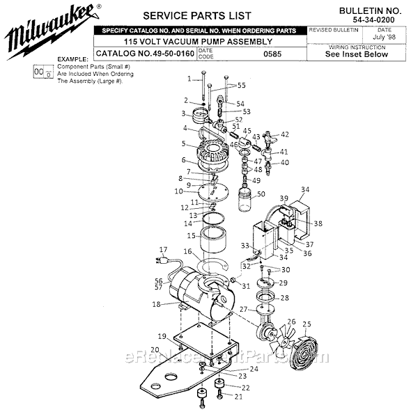 Milwaukee 49-50-0160 (SER 0585) 115 Volt Vacuum Pump Assembly Page A Diagram