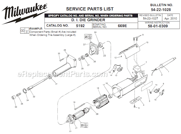 Milwaukee 5192 (SER 699E) D.I. Grinder Page A Diagram