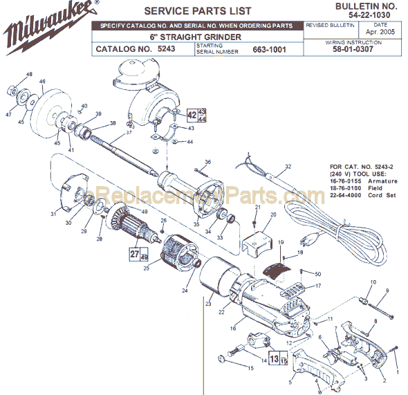 Milwaukee 5243 (SER 663-1001) Grinder Page A Diagram