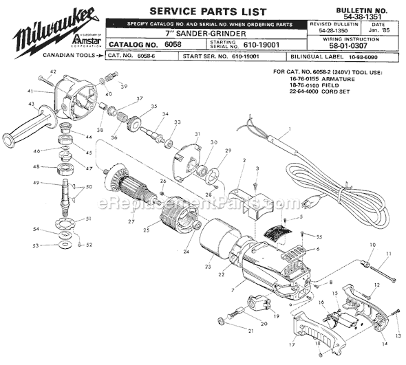 Milwaukee 6058 (SER 610-19001) 7" Sander/Grinder Page A Diagram