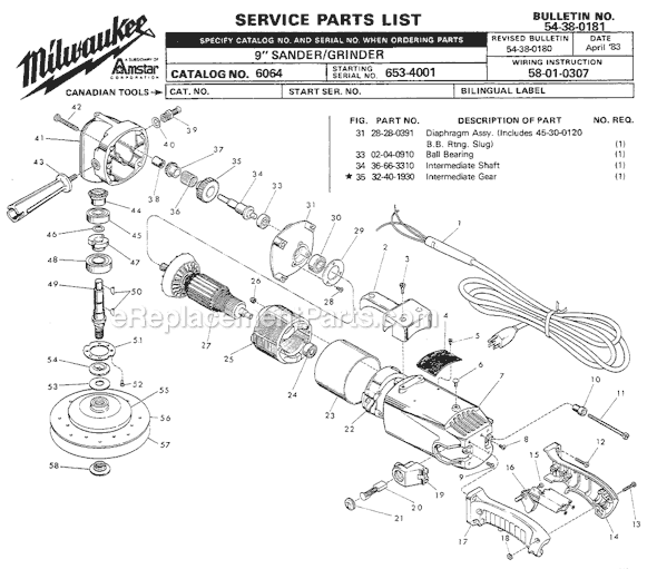 Milwaukee 6064 (SER 653-4001) 9" Sander/Grinder Page A Diagram
