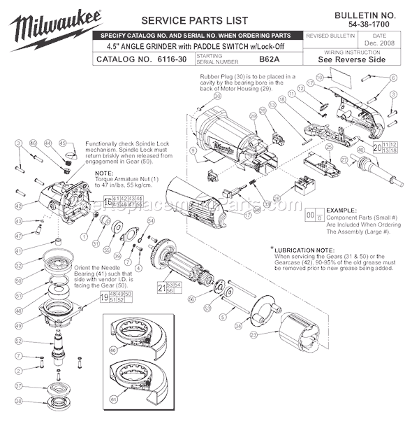 Milwaukee 6116-30 (SER B62A) Grinder Page A Diagram