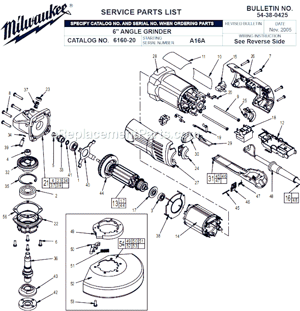 Milwaukee 6160-20 (SER A16A) 6 in. Right Angle Grinder Page A Diagram
