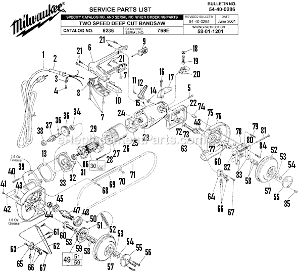 Milwaukee 6236 (SER 769E) Two Speed Deep Cut Bandsaw Page A Diagram