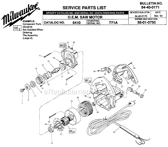 Milwaukee 6410 (SER 771A) O.E.M. Saw Motor Page A Diagram