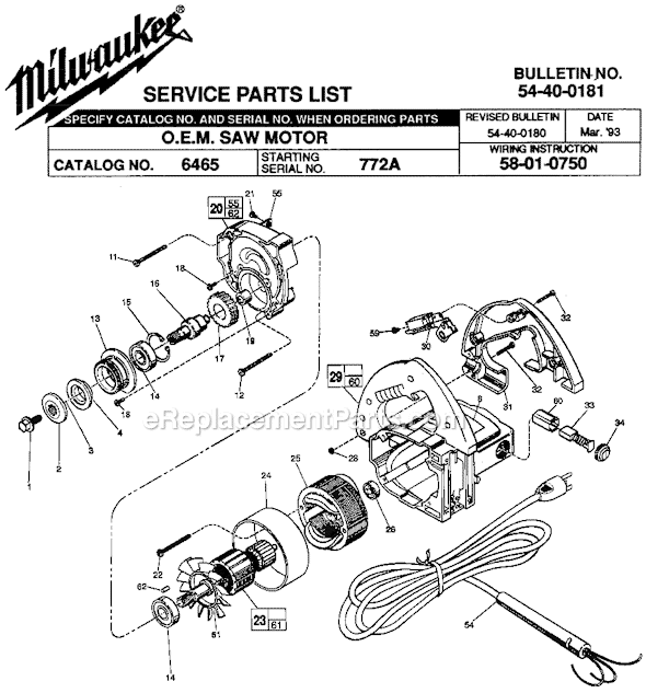 Milwaukee 6465 (SER 772A) O.E.M. Saw Motor Page A Diagram