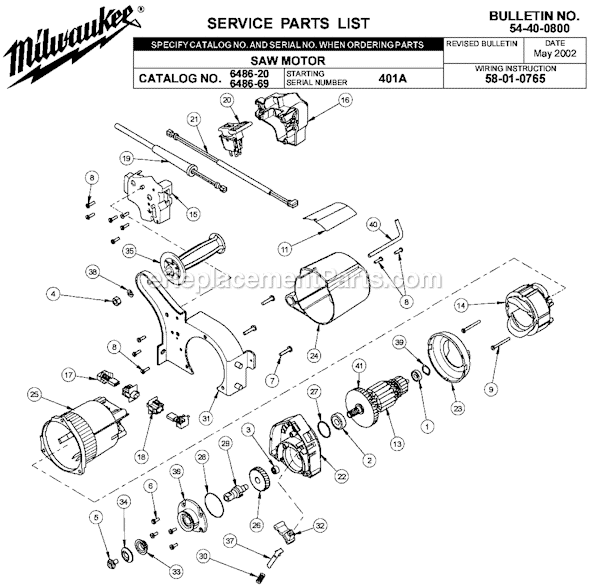 Milwaukee 6486-20 (SER 401A) Saw Motor Page A Diagram