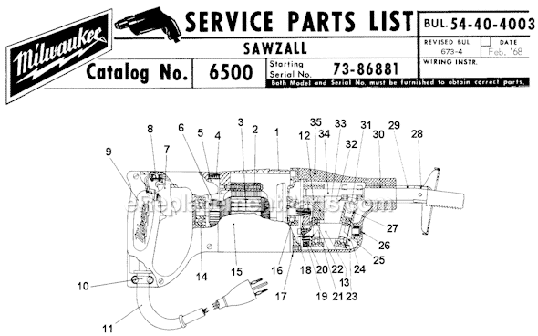 Milwaukee 6500 (SER 73-86881) Sawzall Page A Diagram