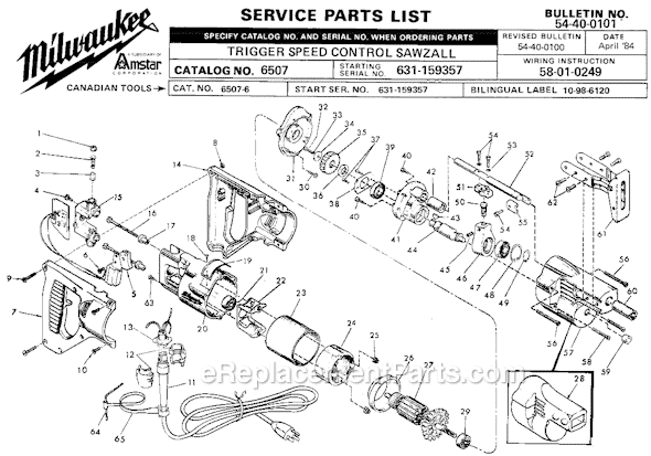 Milwaukee 6507 (SER 631-159357) Trigger Speed Control Sawzall Page A Diagram