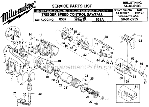 Milwaukee 6507 (SER 631A) Trigger Speed Control Sawzall Page A Diagram