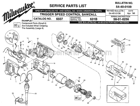 Milwaukee 6507 (SER 631B) Sawzall Page A Diagram