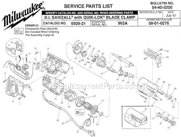 Milwaukee 6509-21 (SER 962A) Sawzall Page A Diagram