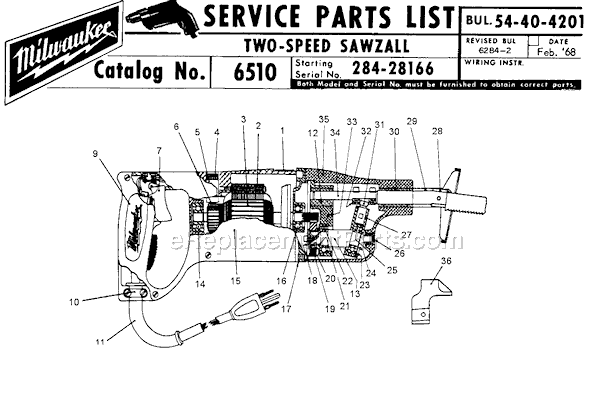Milwaukee 6510 (Ser 284-28166) Two-Speed Sawzall Page A Diagram