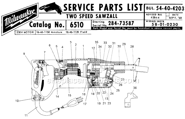 Milwaukee 6510 (Ser 284-73587) Two-Speed Sawzall Page A Diagram