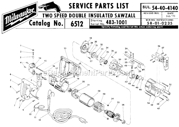 Milwaukee 6512 (SER 483-1001) Two Speed Double Insulated Sawzall Page A Diagram