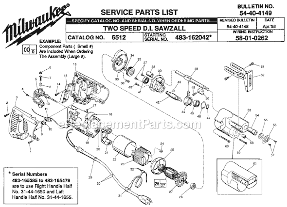 Milwaukee 6512 (SER 483-162042) Two Speed Double Insulated Sawzall Page A Diagram