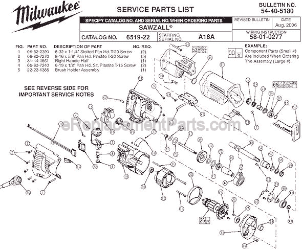 Milwaukee 6519-22 (SER A18A) Sawzall Page A Diagram