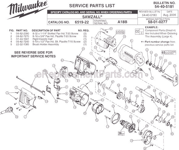 Milwaukee 6519-22 (SER A18B) Sawzall Page A Diagram