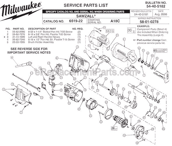 Milwaukee 6519-22 (SER A18C) Sawzall Page A Diagram