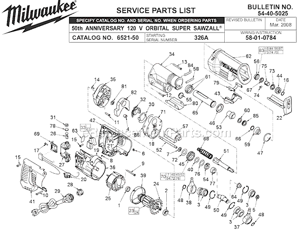 Milwaukee 6521-50 (SER 326A) Sawzall Page A Diagram