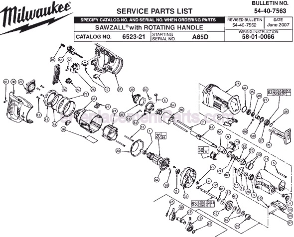 Milwaukee 6523-21 (SER A65D) Sawzall Page A Diagram
