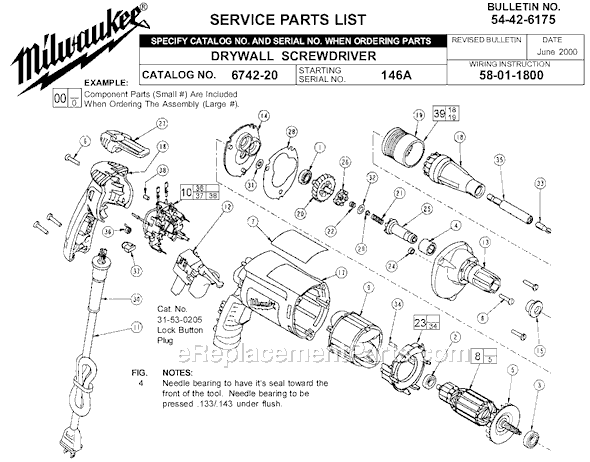Milwaukee 6742-20 (SER 146A) Drywall Screwdriver, 0-4000 RPM Page A Diagram