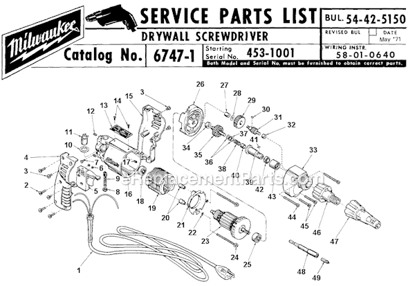 Milwaukee 6747-1 (SER 453-1001) Drywall Screwdriver Page A Diagram