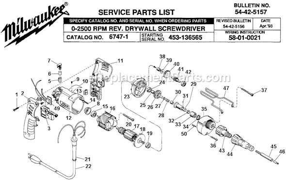 Milwaukee 6747-1 (SER 453-136565) 2500 RPM Rev. Drywall Screwdriver Page A Diagram