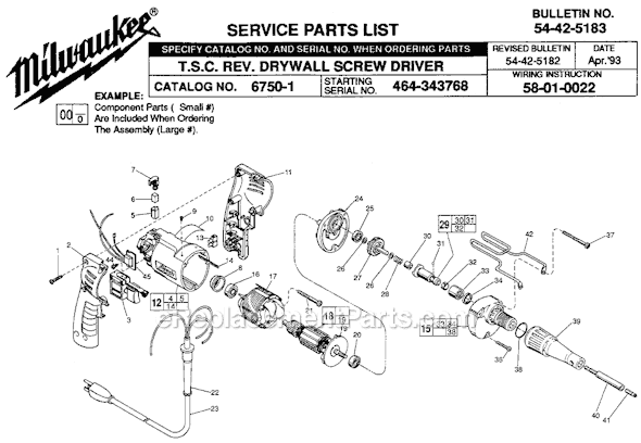 Milwaukee 6750-1 (SER 464-343768) T.S.C. Rev. Drywall Screwdriver Page A Diagram