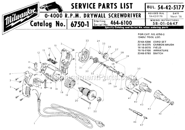 Milwaukee 6750-1 (SER 464-6100) 0-4000 R.P.M. Drywall Screwdriver Page A Diagram