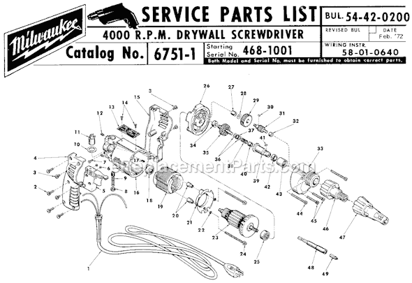 Milwaukee 6751-1 (SER 468-1001) 4000 R.P.M Drywall Screw Driver Page A Diagram