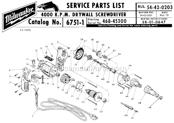 Milwaukee 6751-1 (SER 468-45300) 4000 R.P.M Drywall Screw Driver Page A Diagram