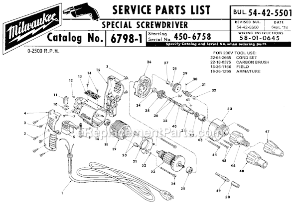 Milwaukee 6798-1 (SER 450-6758) Special Screw Driver Page A Diagram