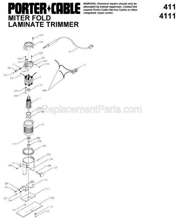 Porter Cable 411 Miter Fold Laminate Trimmer Page A Diagram
