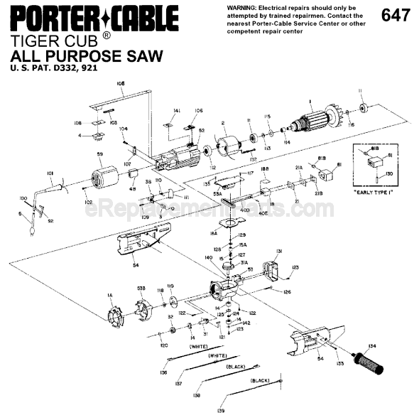 Porter Cable 647 TYPE 1 Tiger Cub All-Purpose Saw Page A Diagram