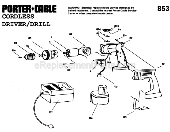 Porter Cable 853 TYPE 1 Cordless Driver / Drill Page A Diagram