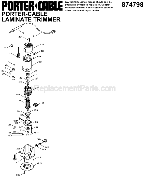 Porter Cable 874798 TYPE 1 Laminate Trimmer Page A Diagram