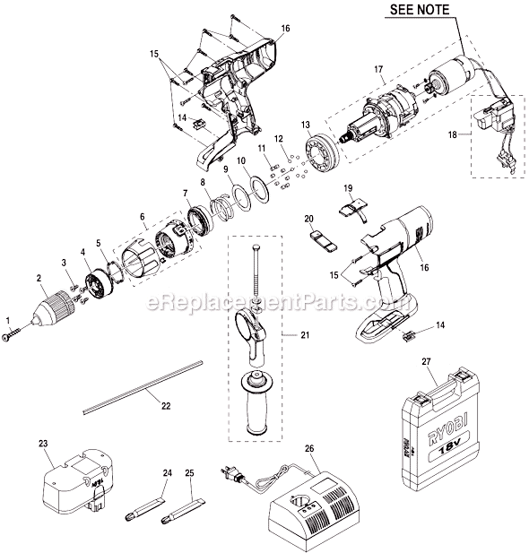 Ryobi HD1830 1/2" 18V 3-Speed Cordless Hammer Drill Page A Diagram