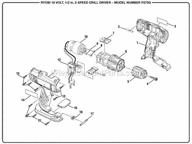 Ryobi P270G 1/2-In. 2-SPEED 18 Volt Drill-Driver General_Assembly Diagram