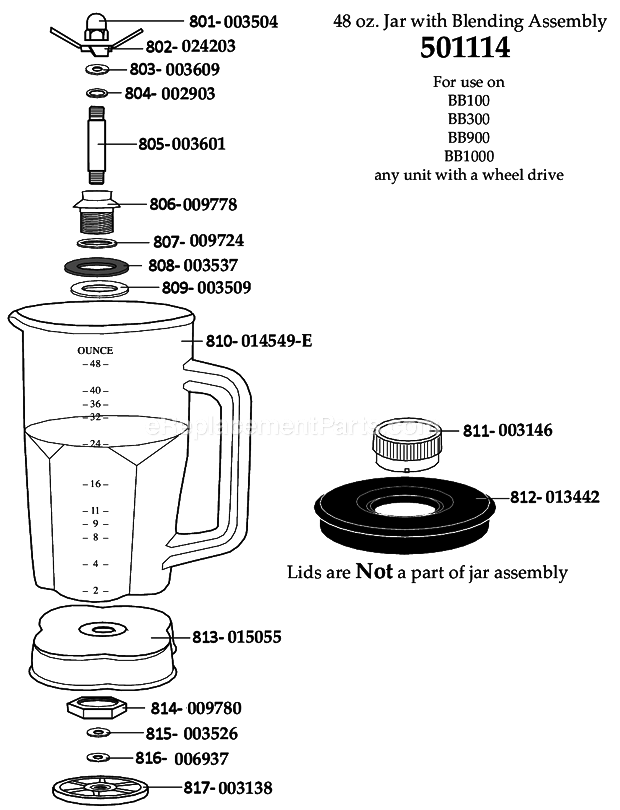 Waring 501114 48 Oz. Jar W/ Blending Assembly For_Use_On_Models_Bb100_Bb300_Bb900_Bb1000_And_Any_Unit_With_A_Wheel_Drive Diagram