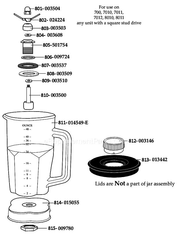 Waring 501116 48 Oz. Container W/ Blending Assembly For_Use_On_Models_700_7010_7011_7012_8010_8011_And_Any_Unit_W_A_Square_Stud_Drive Diagram