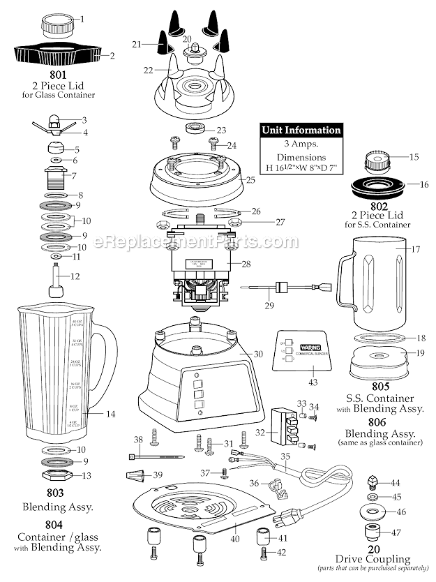 Waring 7011G Food Blender Glass_Container Diagram