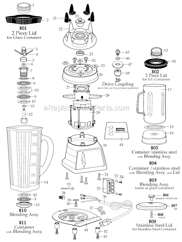 Waring 7011HG Blender Glass_Container Diagram