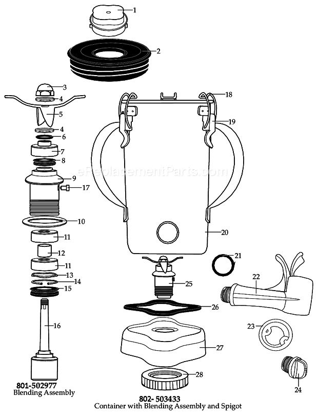 Waring CAC125 (035179) 1 Gallon Spigot Container Complete_With_Lid Diagram