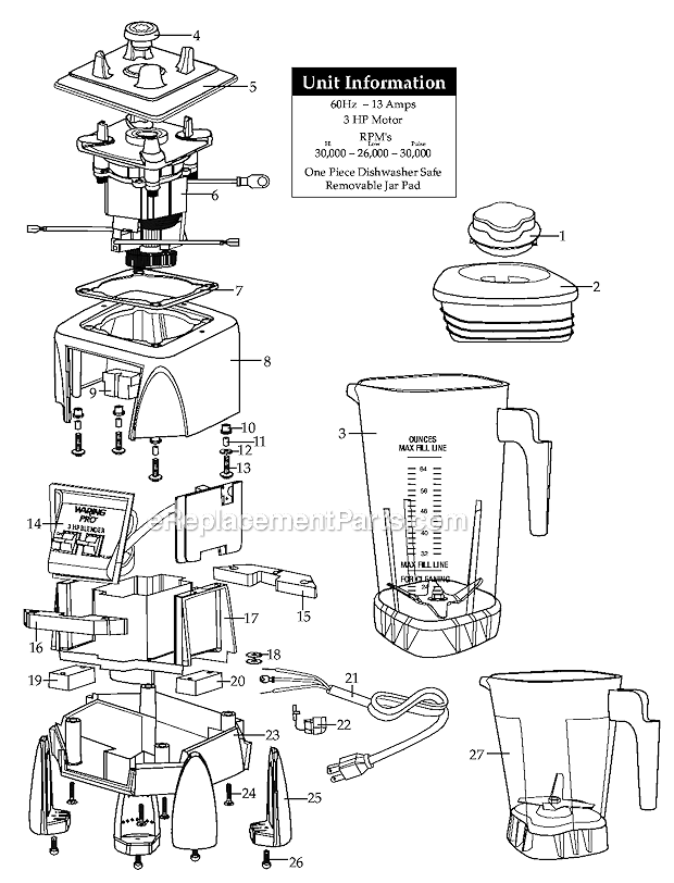 Waring MX1000R Blender With_64_Oz_Stackable_Container Diagram
