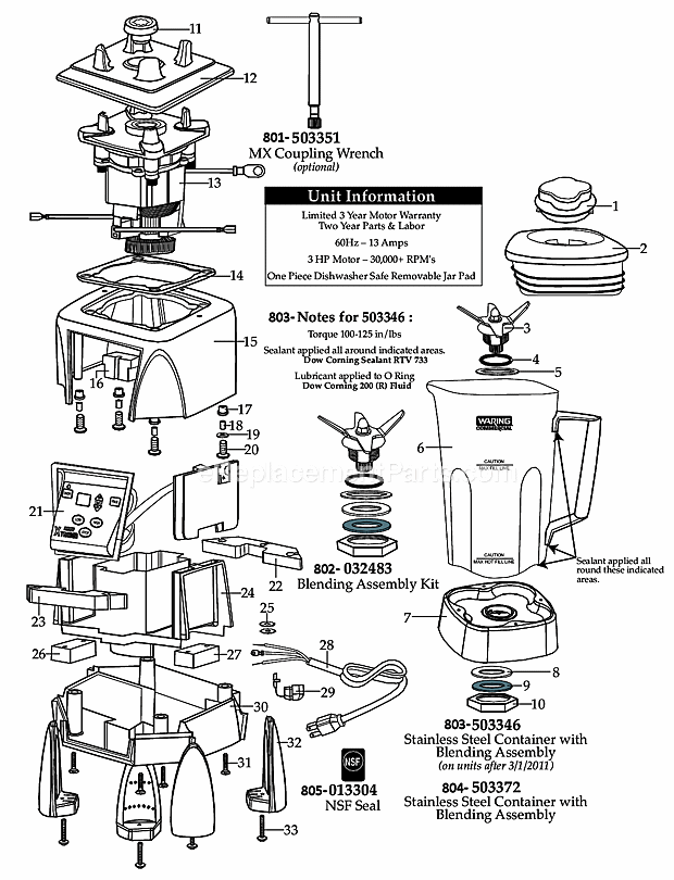 Waring MX1100XTS Blender 64_Oz_Stainless_Steel_Container Diagram