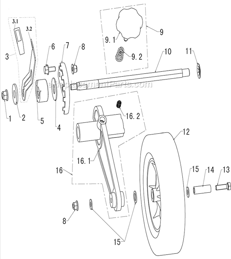 Front Wheel Assembly Diagram and Parts List for WLE-799  Airstream Edger